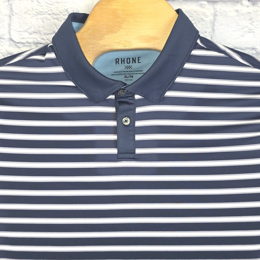Rhone Men Sport Polo Shirt Navy Blue White Striped Golf Performance Size XL